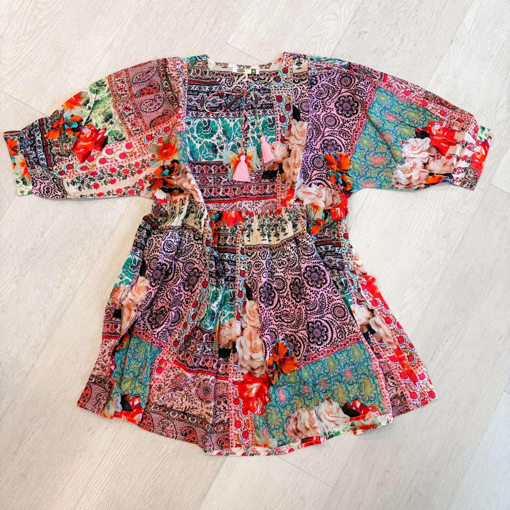 Tassel Tie Neck Patchwork Mini Dress – Multi Print