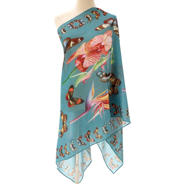 Teal-Multi Butterfly & Tropical Floral Scarf