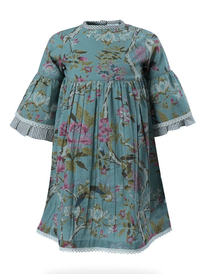 Teal Floral Bell Sleeve Dress with Striped Trim