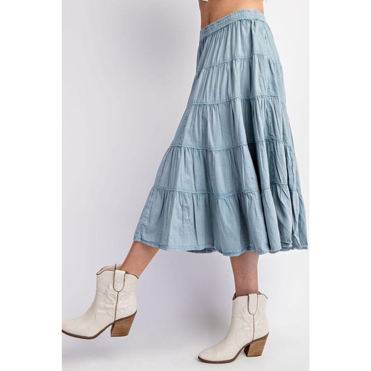 Tiered Light Weight Denim Midi Skirt