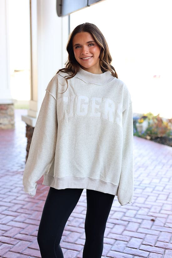 Grey over sized mock neck varsity tigers sweatshirt
