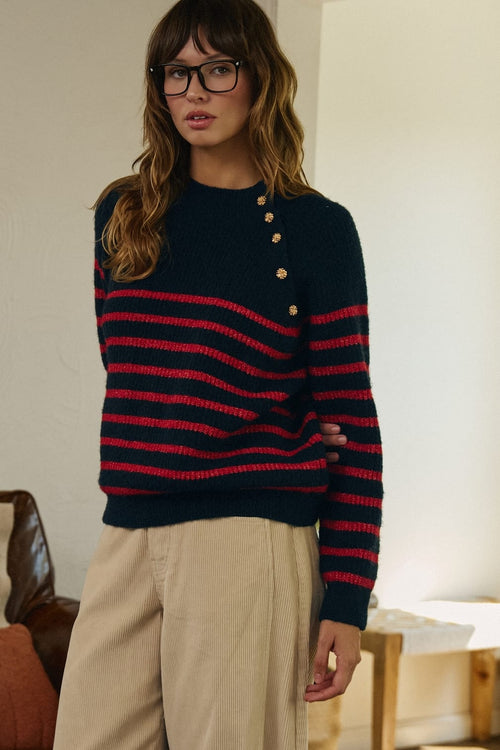 Striped Mock Neck Sweater with Gold Buttons