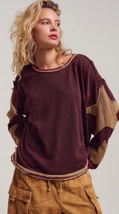 Urban Daizy Women’s Brown Star Patch Slouchy Knit Top with Raw Seams