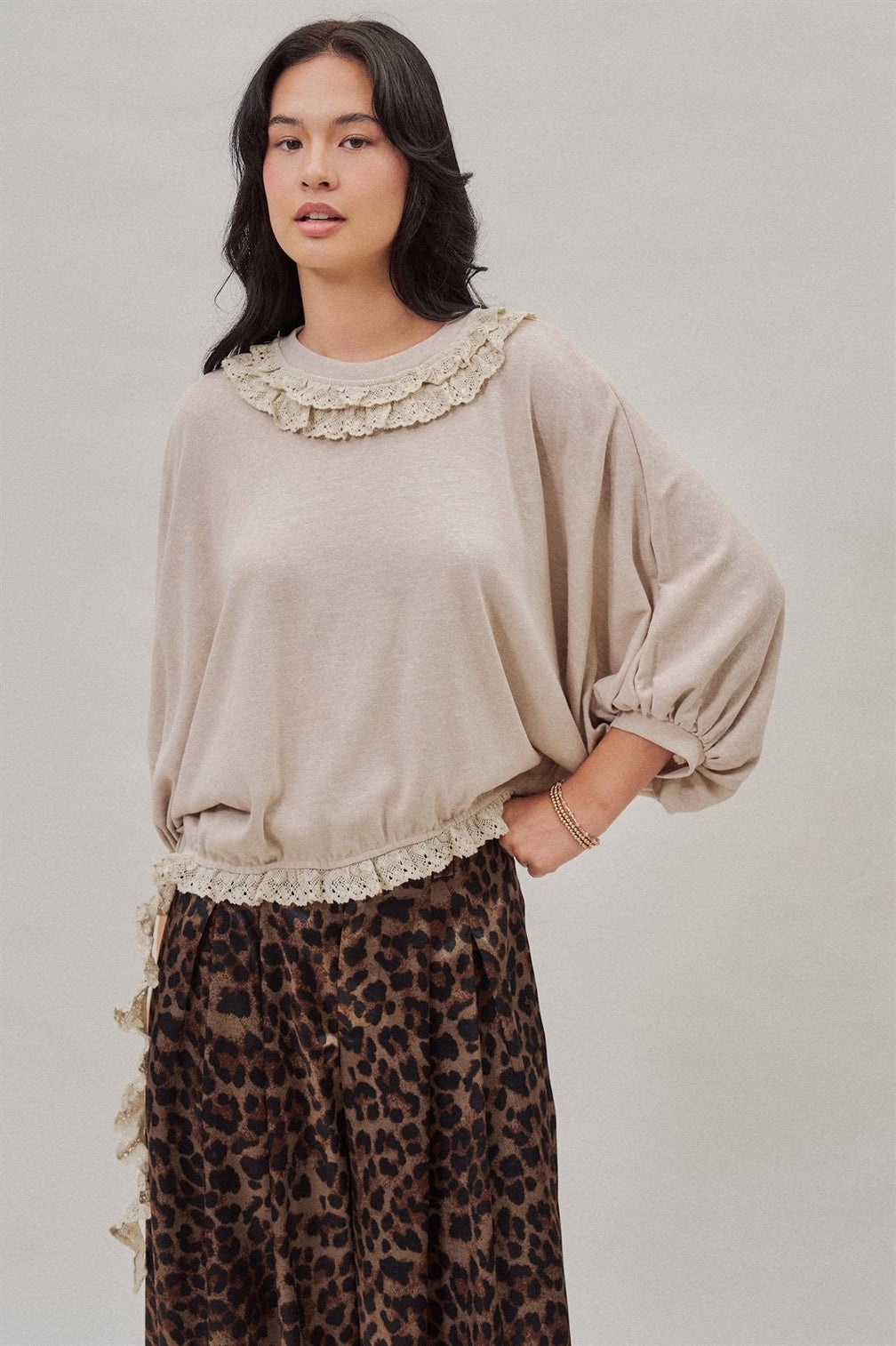 Crochet Trim Dolman Knit Top with Lace Hem, 2 Available Colors