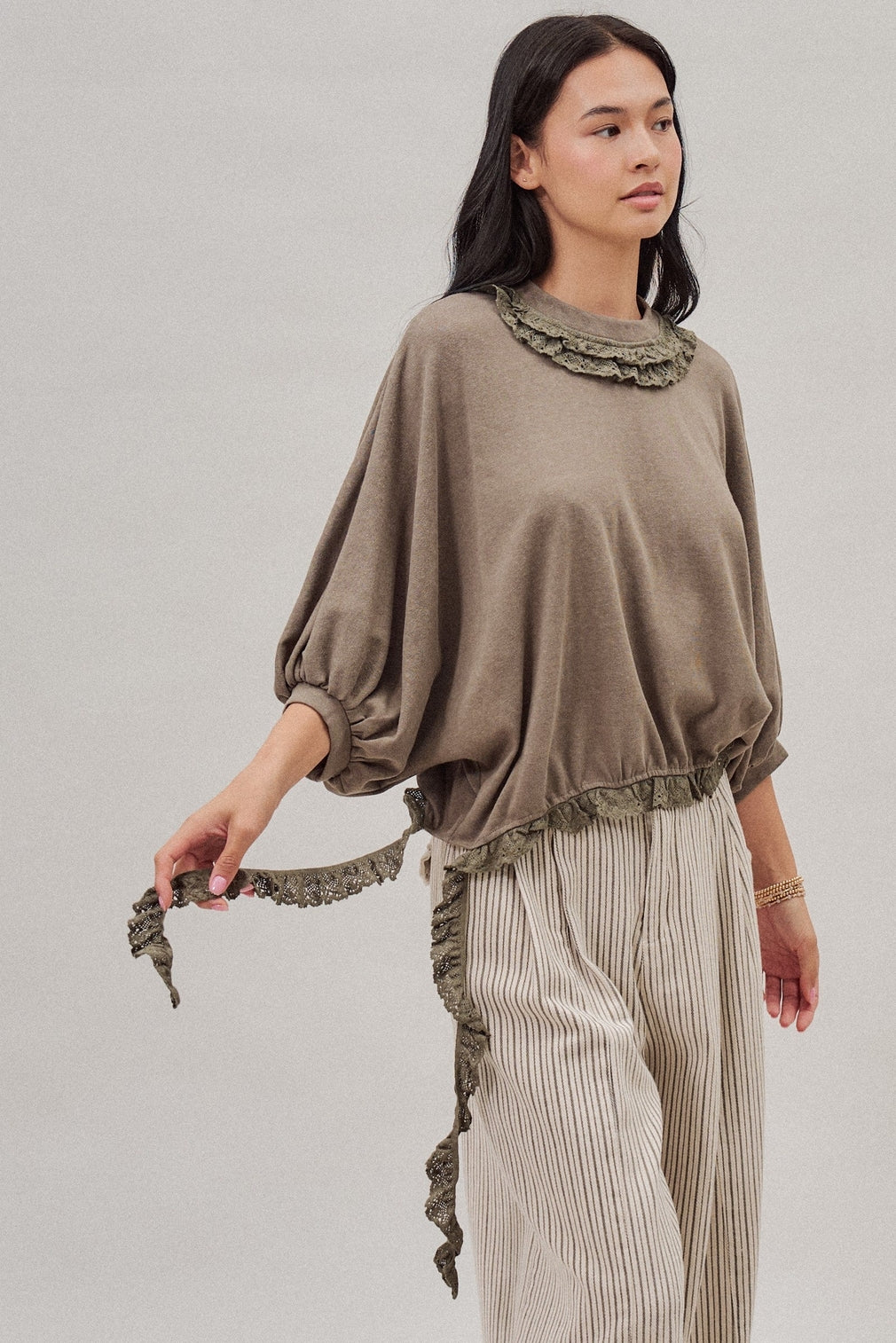 Crochet Trim Dolman Knit Top with Lace Hem, 2 Available Colors