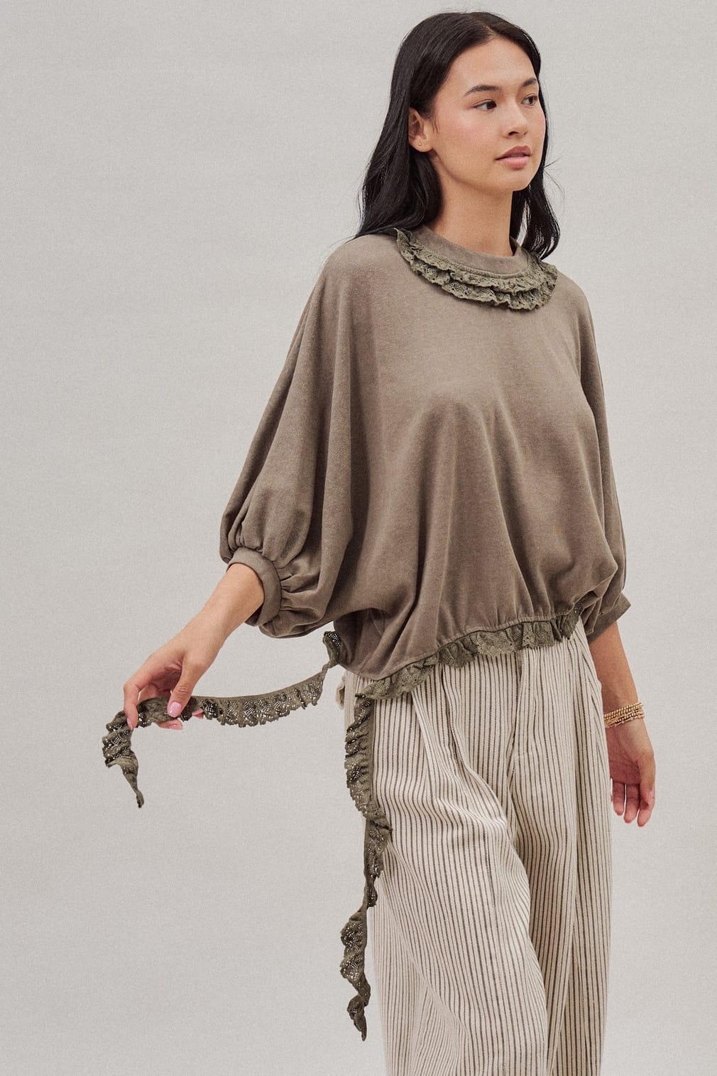Crochet Trim Dolman Knit Top with Lace Hem, 2 Available Colors