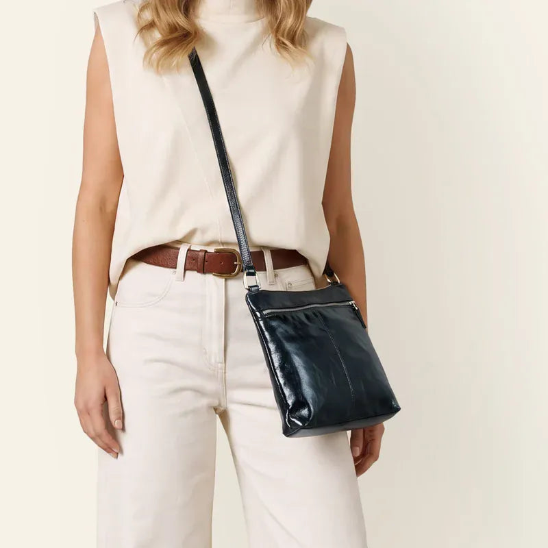 Hobo Cambel Crossbody Bag in Polished Leather - Ink Navy