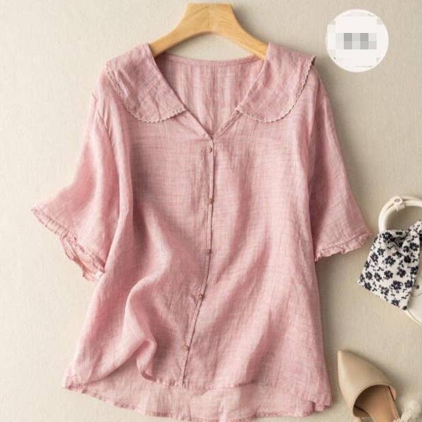Vintage Doll Collar Short Sleeve Blouse in Pink