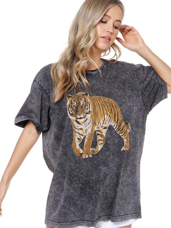 Vintage Tiger Graphic Short Sleeve Washed Boyfriend Tee, 2 Colors Available