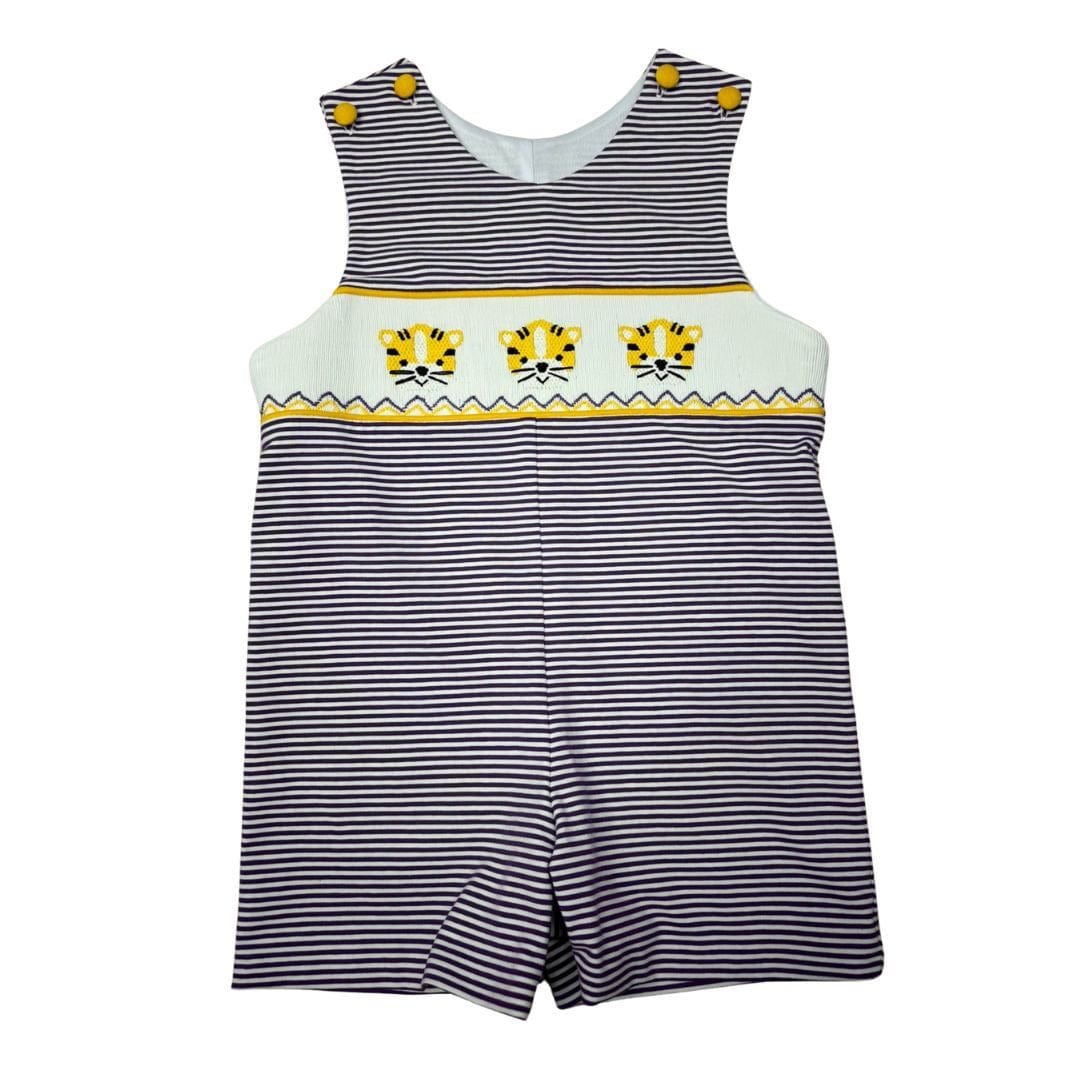 Whimsy Bay Kids Gold & Purple Tiger Smocked Shortall - Little Miss Muffin Children & Home