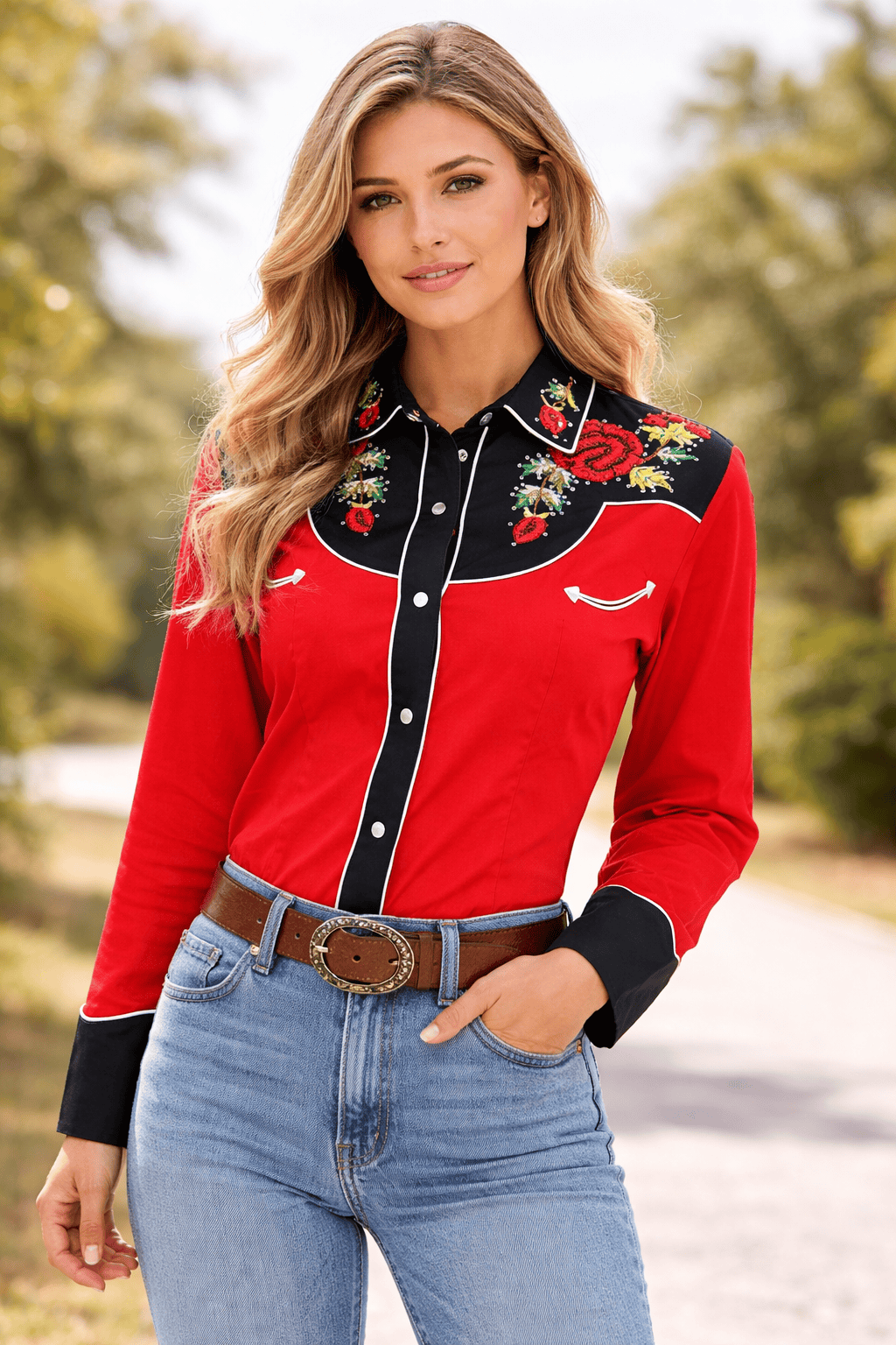 Women's Vintage 2-Tone Red Roses Embroidered Western Shirt
