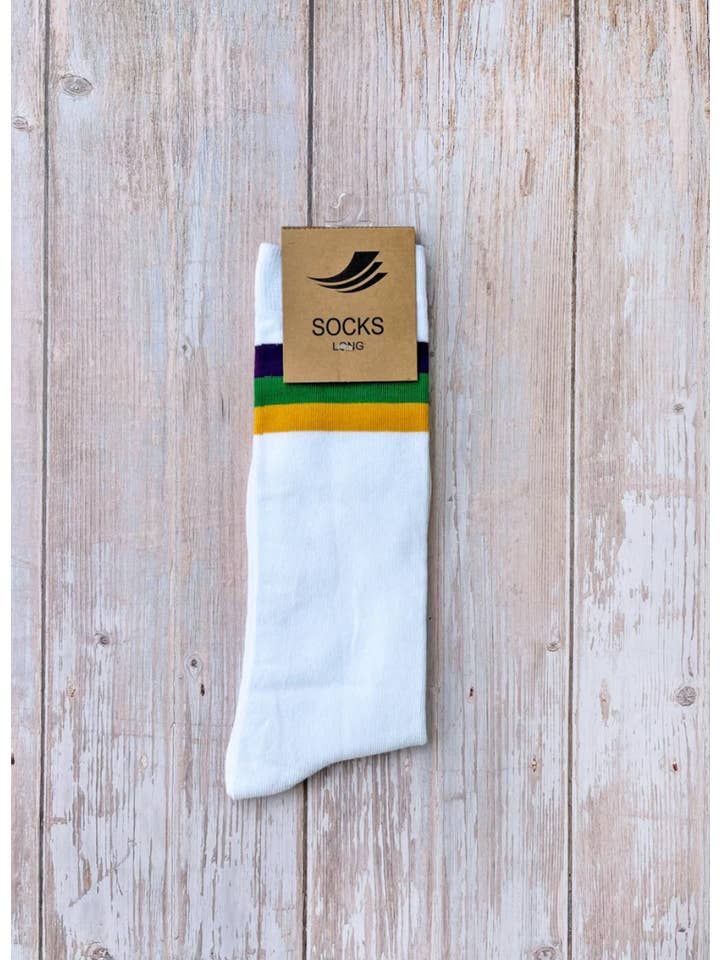 White Mardi Gras Stripe Ribbed Adult Crew Socks