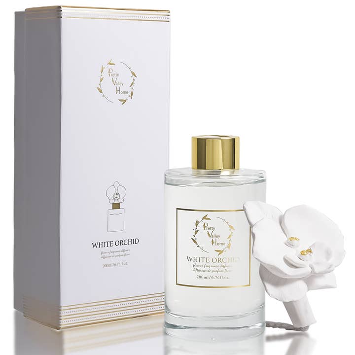 White Orchid Diffuser Set with Golden Orchid Ceramic Flower
