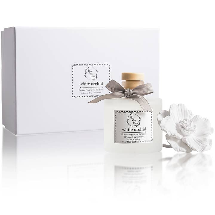 White Orchid Diffuser Set with White Ceramic Flower