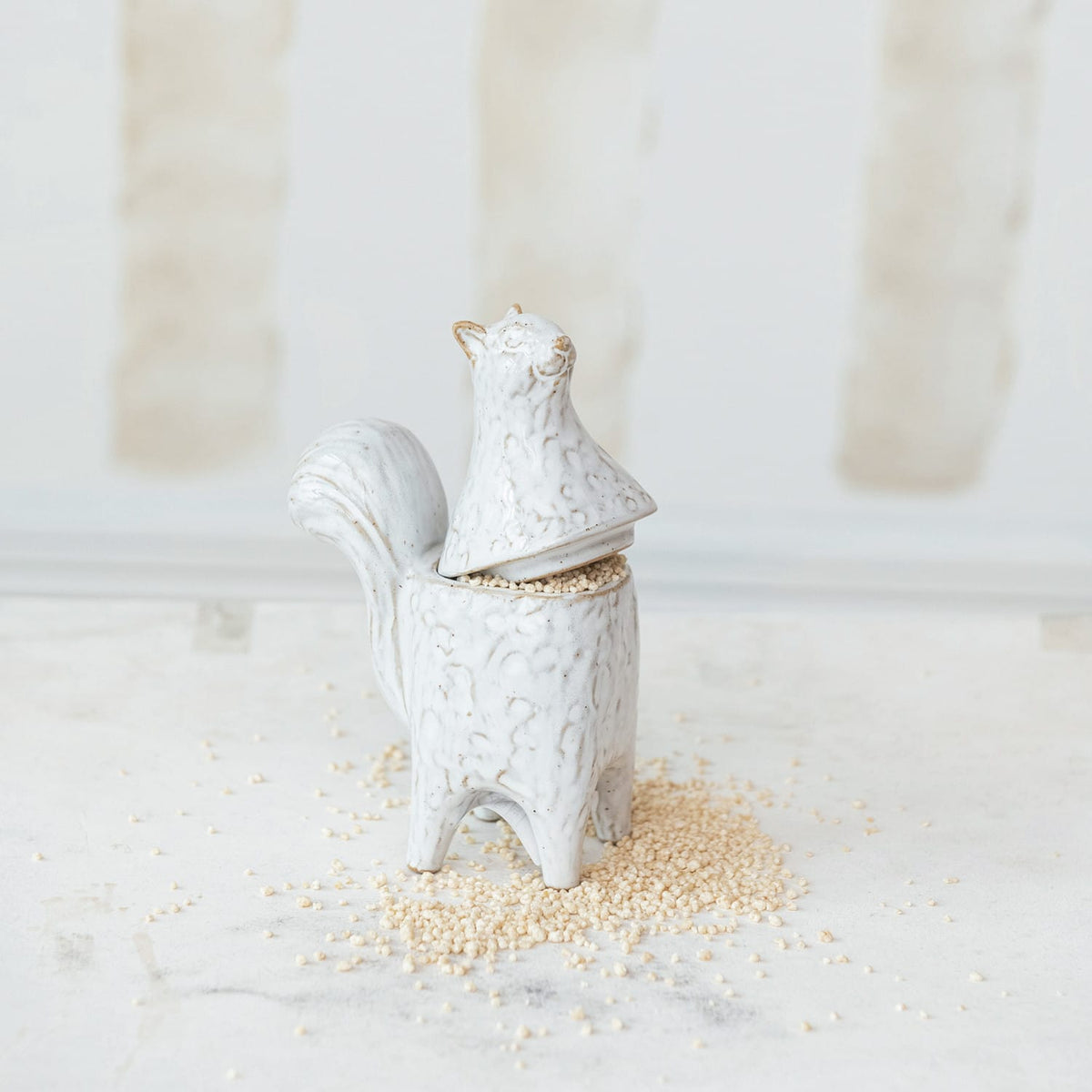 White Stoneware Squirrel Shaped Jar (Each One Will Vary)