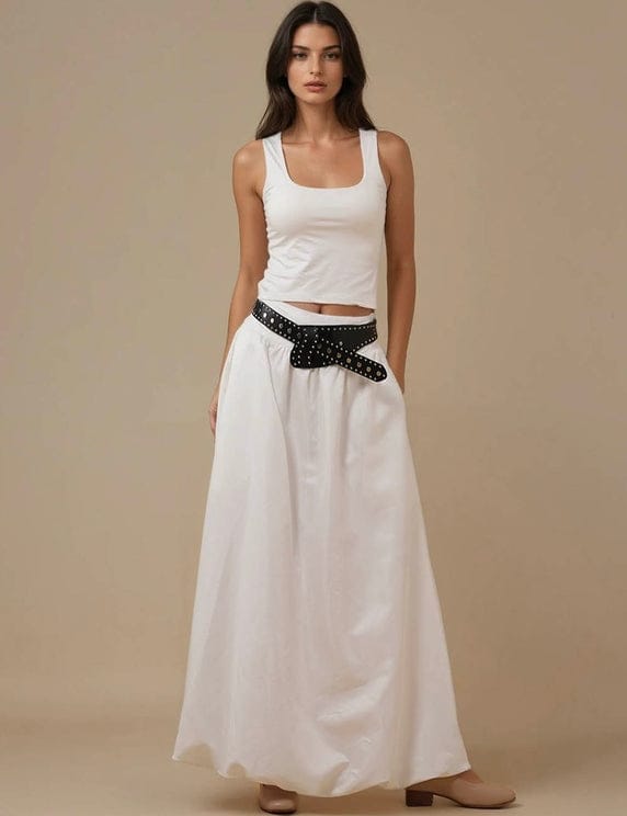 Wide Waistband Bubble Hem Maxi Skirt in White
