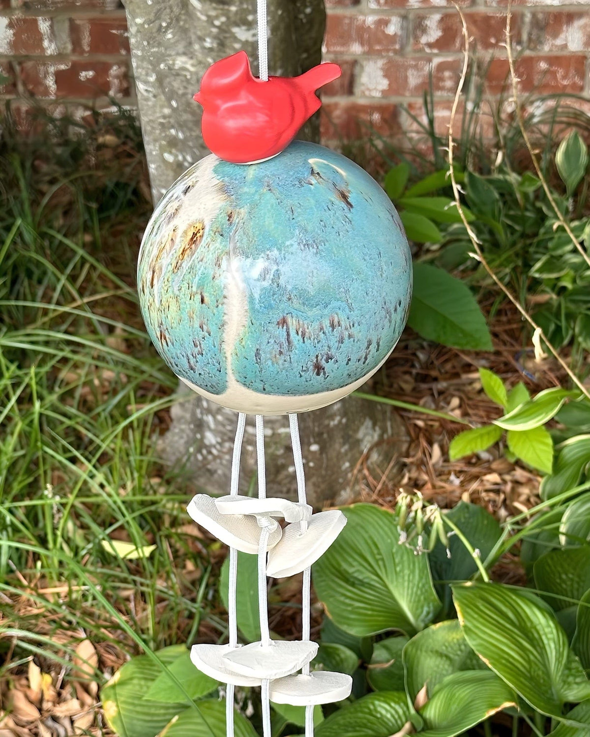 Poor House Pottery 5.5" Sphere with 12 Short Disc with Red Bird Wind Chime - Little Miss Muffin Children & Home