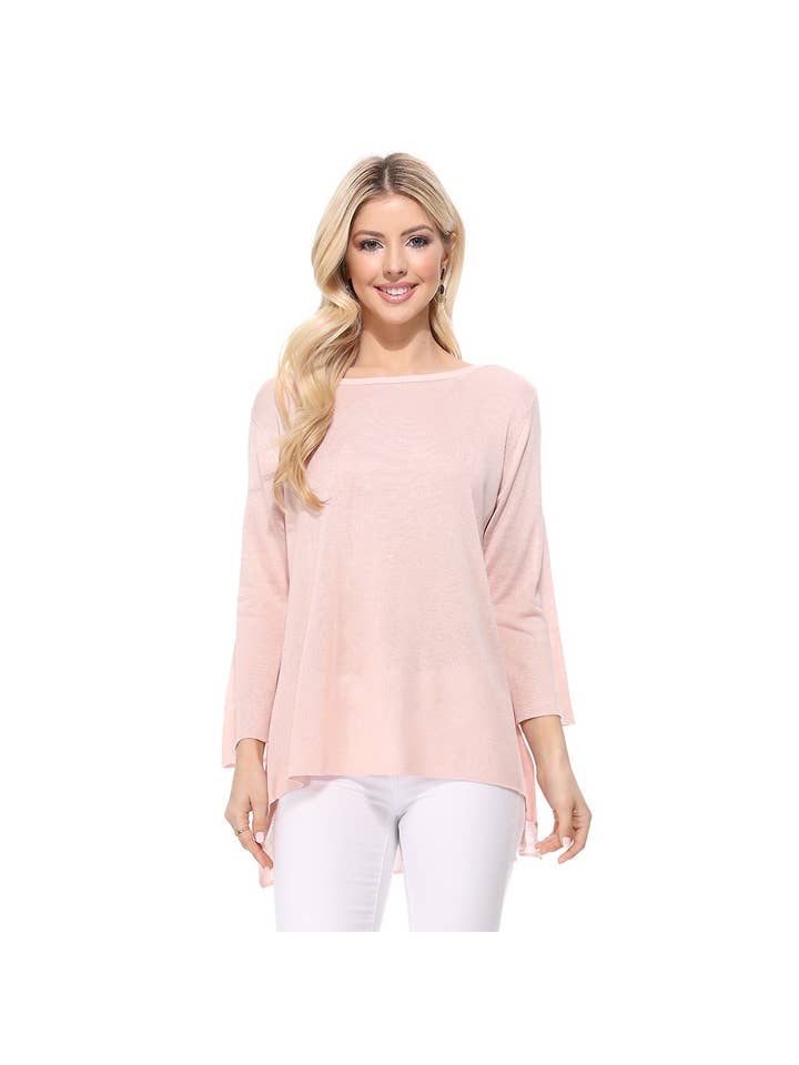 Women's Baby Pink Sheer Knit Boat Neck Hi-Low Long Sleeve Top