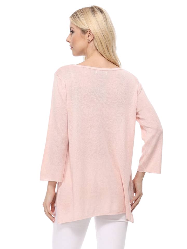 Women's Baby Pink Sheer Knit Boat Neck Hi-Low Long Sleeve Top
