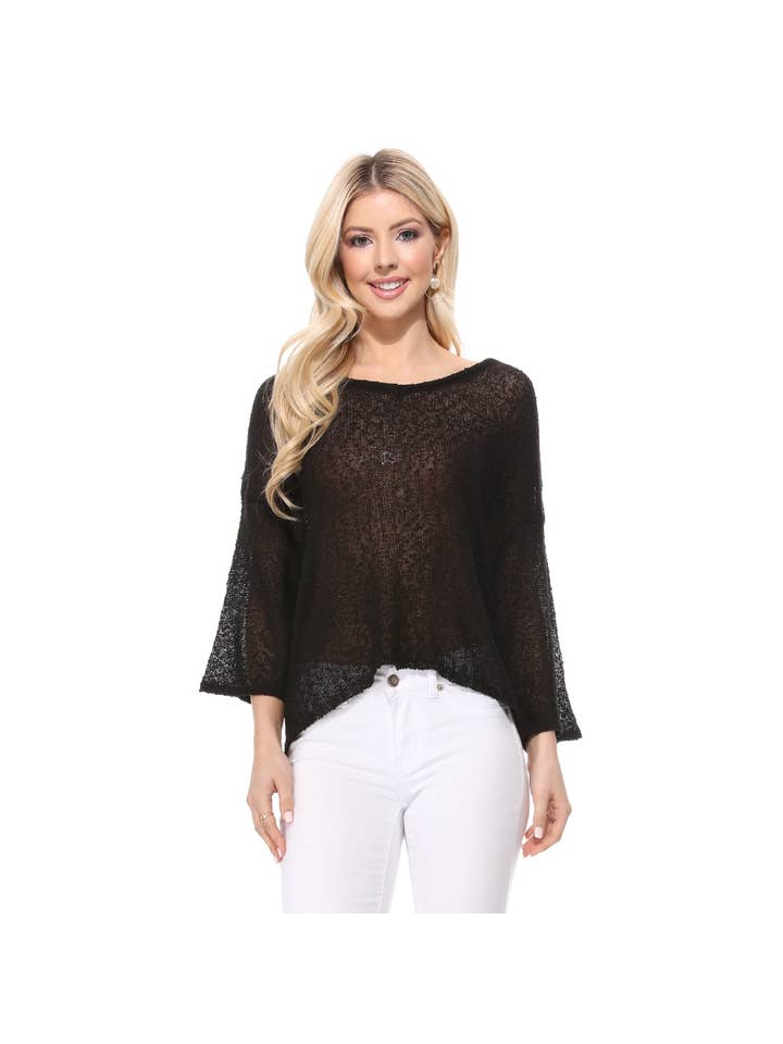 Women's Black Sheer Knit Batwing Sleeve Open Back Top