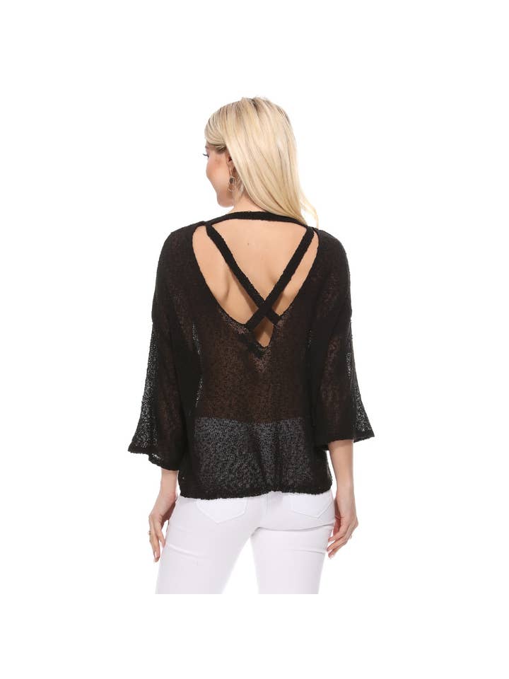 Women's Black Sheer Knit Batwing Sleeve Open Back Top