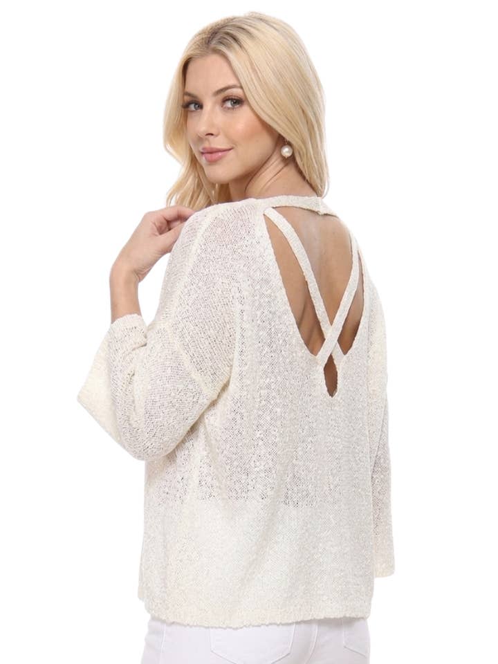 Women's Ivory Sheer Knit Batwing Sleeve Open Back Top