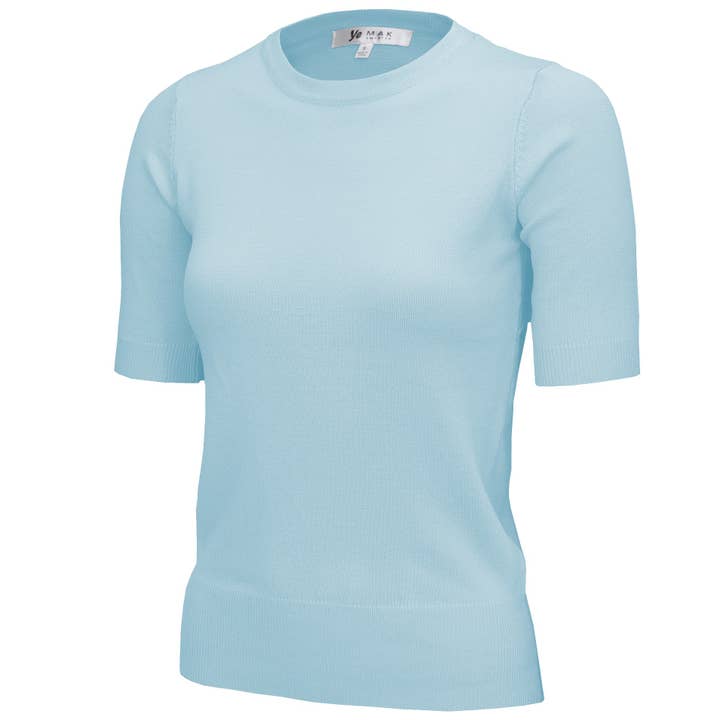 Women's Light Blue Lightweight Knit Half Sleeve Crew Neck Tee