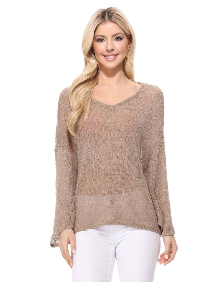 Women's Taupe Sheer Knit Batwing Sleeve Open Back Top