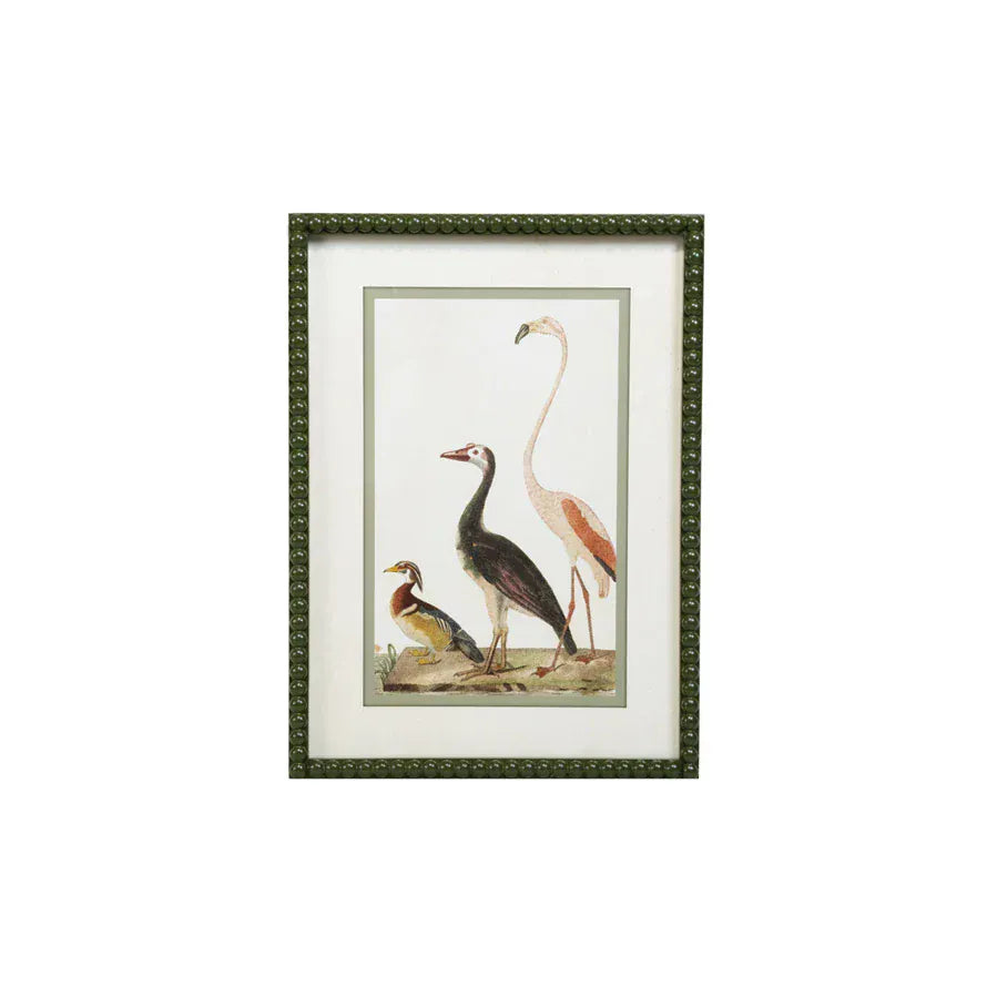 Wood Framed Glass Wall Décor with Vintage Reproduction Bird Image & Bobbin Frame