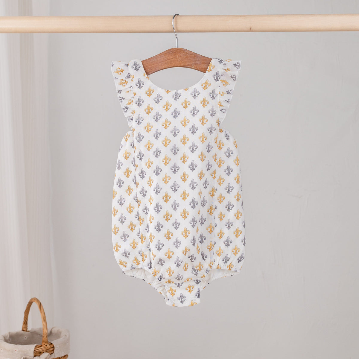 Black and Gold Fleur de Lis Organic Muslin Bubble Romper