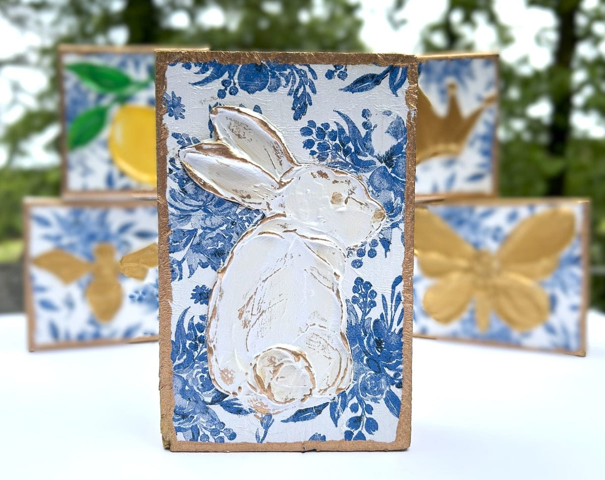 Chinoiserie 4x6 Bunny Art Block with Botanicals Blue White Bridal Tea
