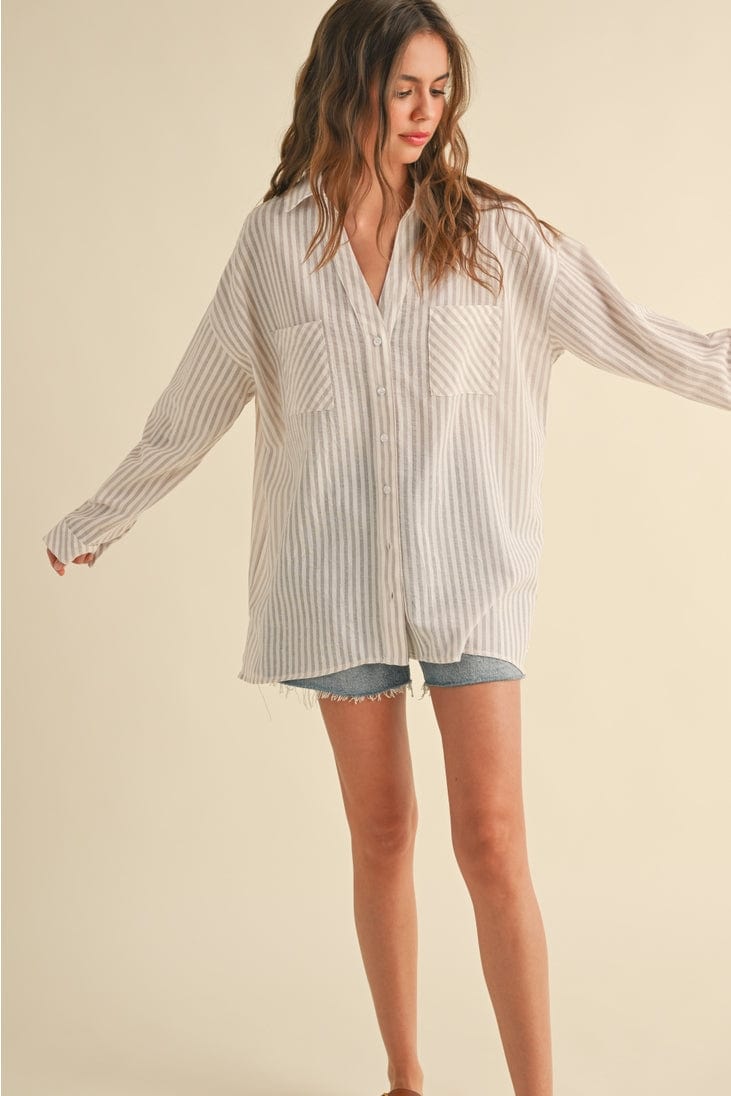 Miou Muse Striped Button Down Boyfriend Shirt in Beige - Little Miss Muffin Children & Home
