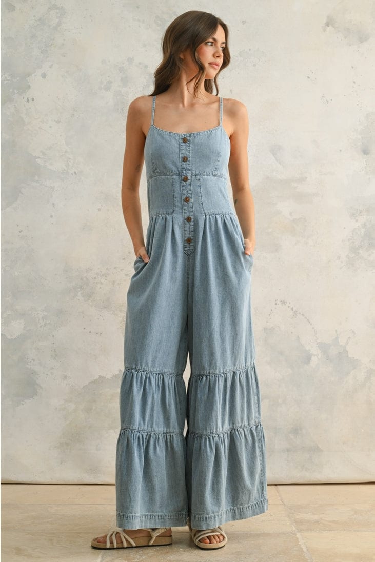 エムミーエメ denim docking tiered one piece Tiered Bottom Detail Chambray Denim Jumpsuit