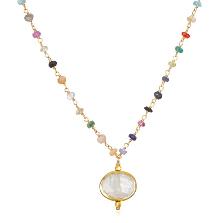 Bezel Charm Rainbow Necklace with Rainbow Moonstone