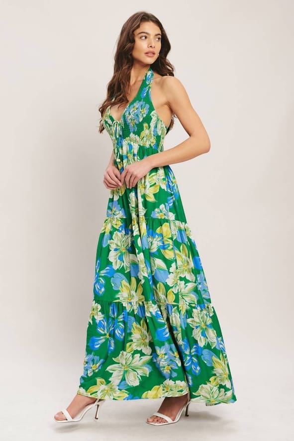 Green Palm Shore Print Woven Maxi Dress