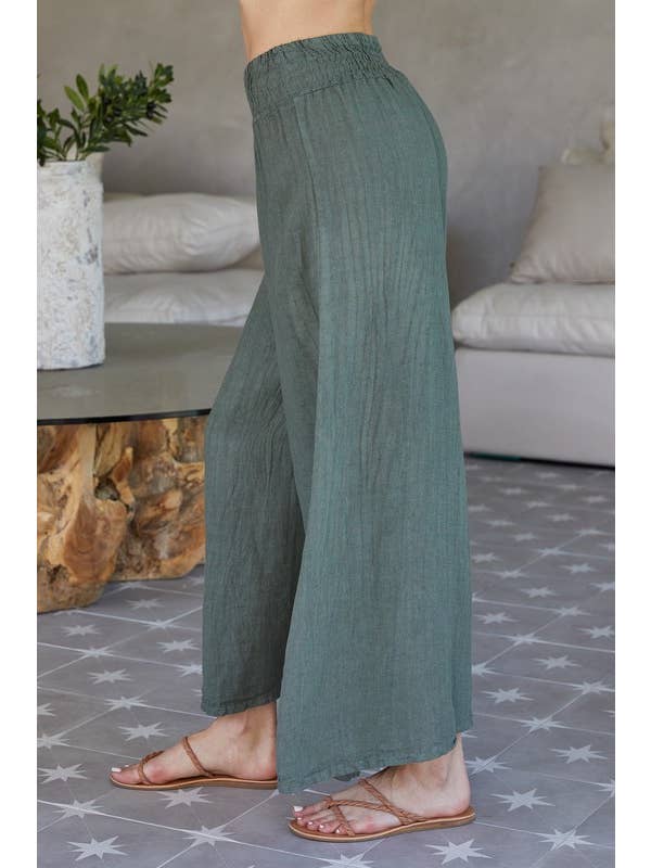 Linen Smocked Waist Palazzo Pants in Army Green