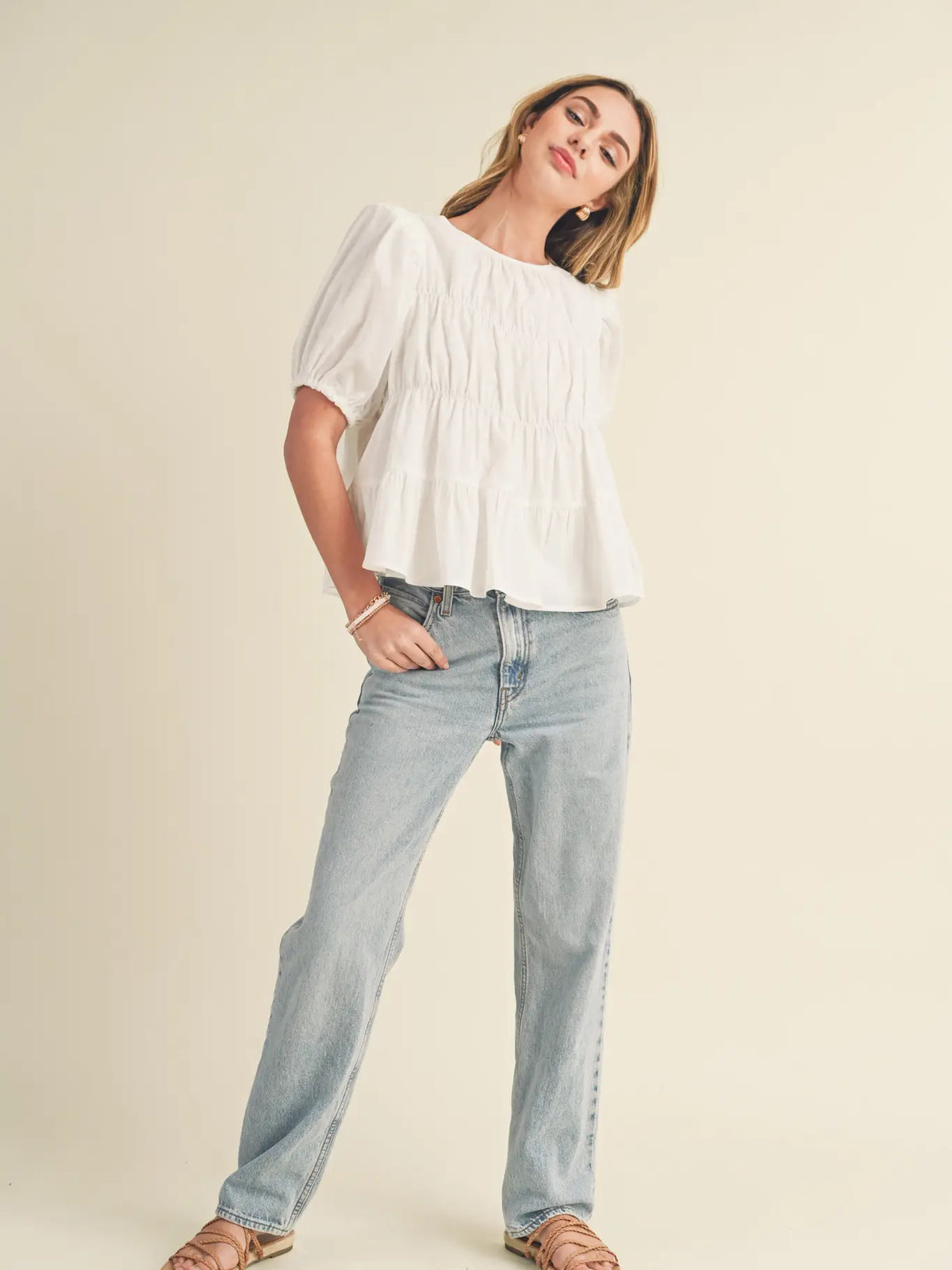 Tiered Puff Sleeve Top in Off White