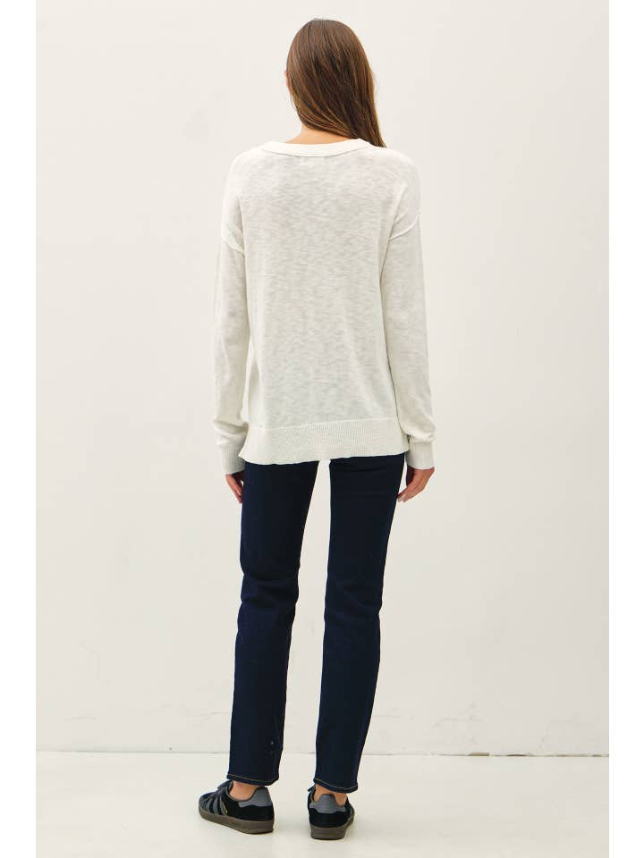 Be Cool Slub Yarn Round Neck Sweater with Chest Pocket in White - Little Miss Muffin Children & Home