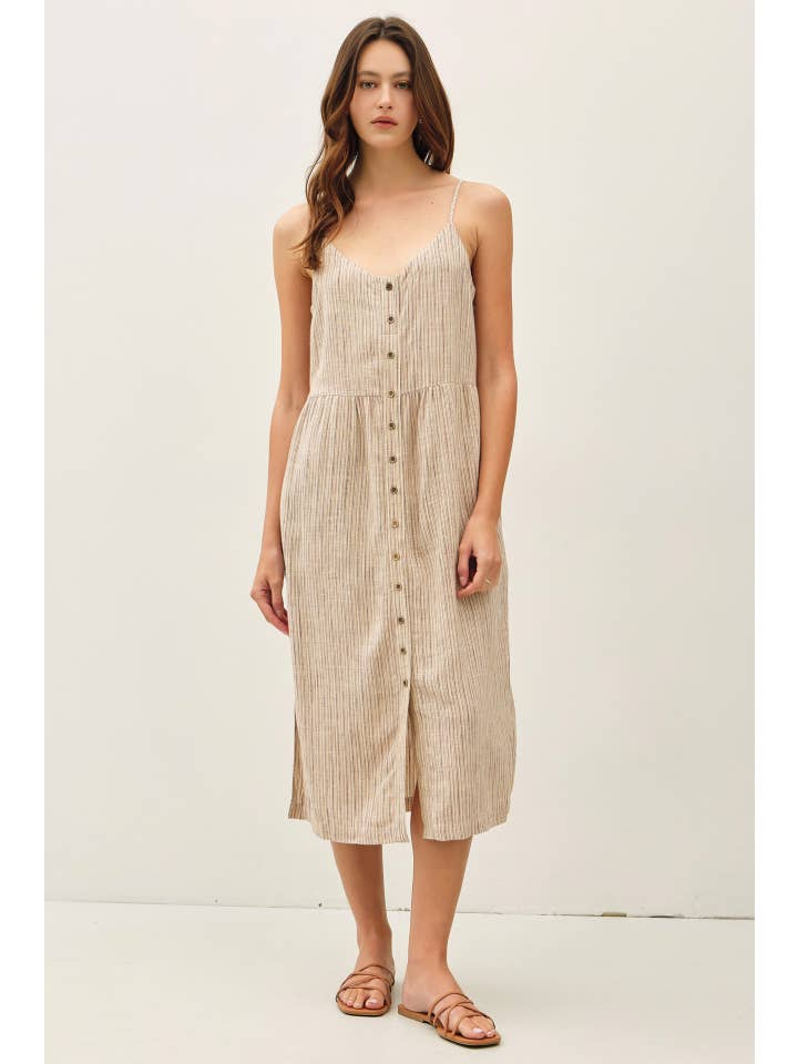 Striped Linen Blend Button Up Tank Dress Brown / M