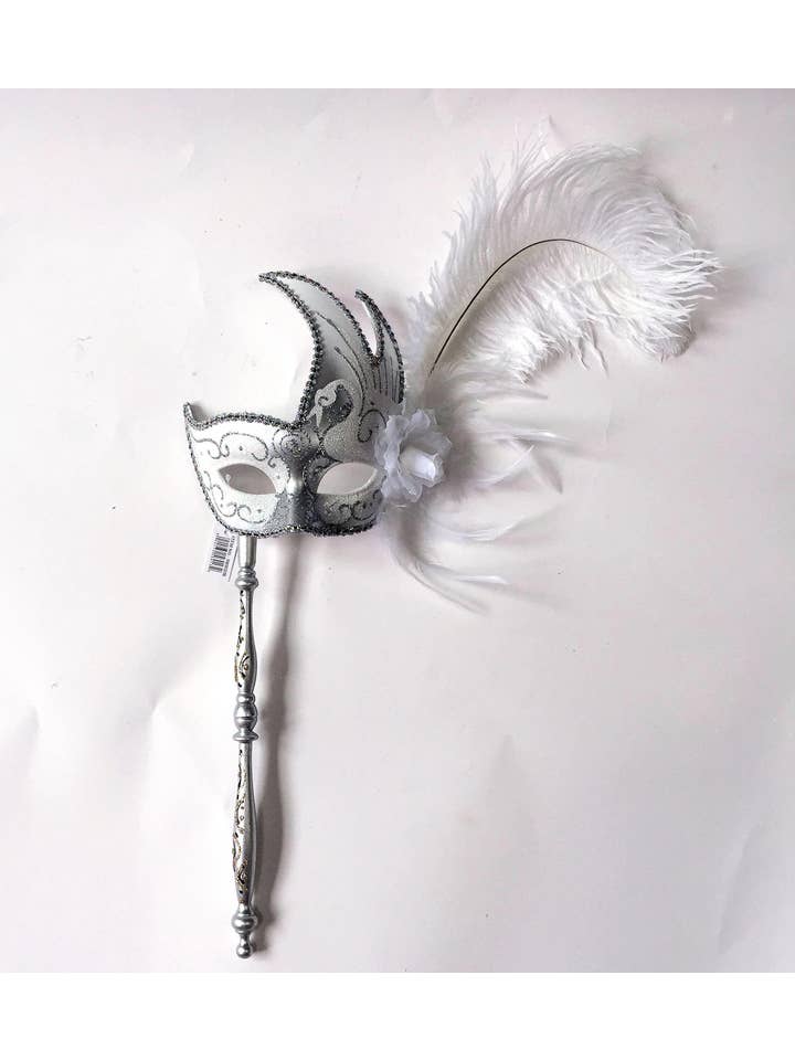 White & Silver Flame Mask with Feathers & Detachable Stick