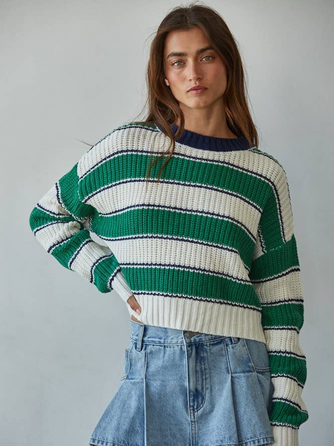 green and white striped crew neck
