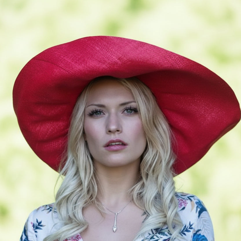 Red 5" Wide Brim Solid Color Packable Straw Sun Hat