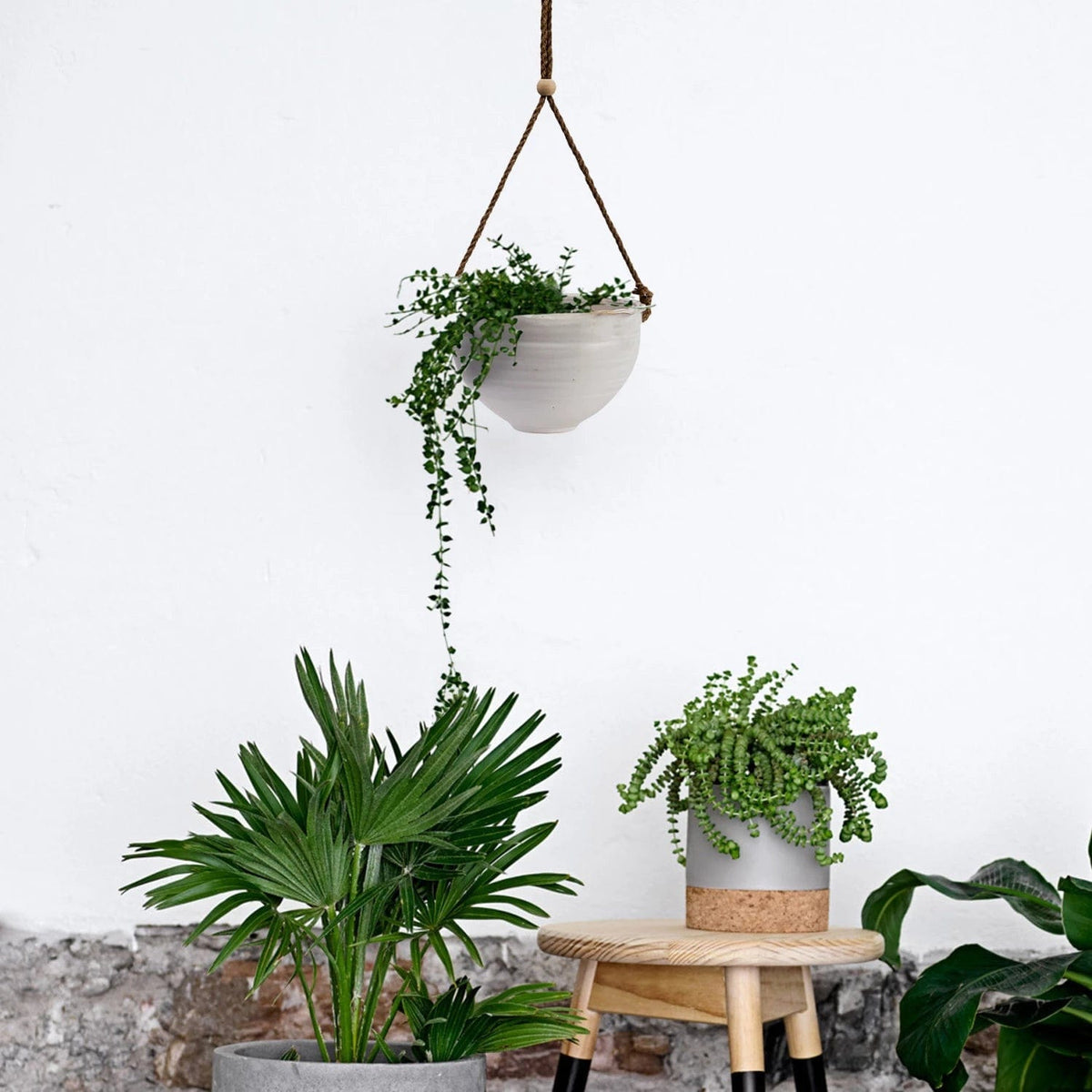 Bloomingville Bloomingville Hanging Stoneware Planter with Jute Rope Hanger & Wood Beads - Little Miss Muffin Children & Home