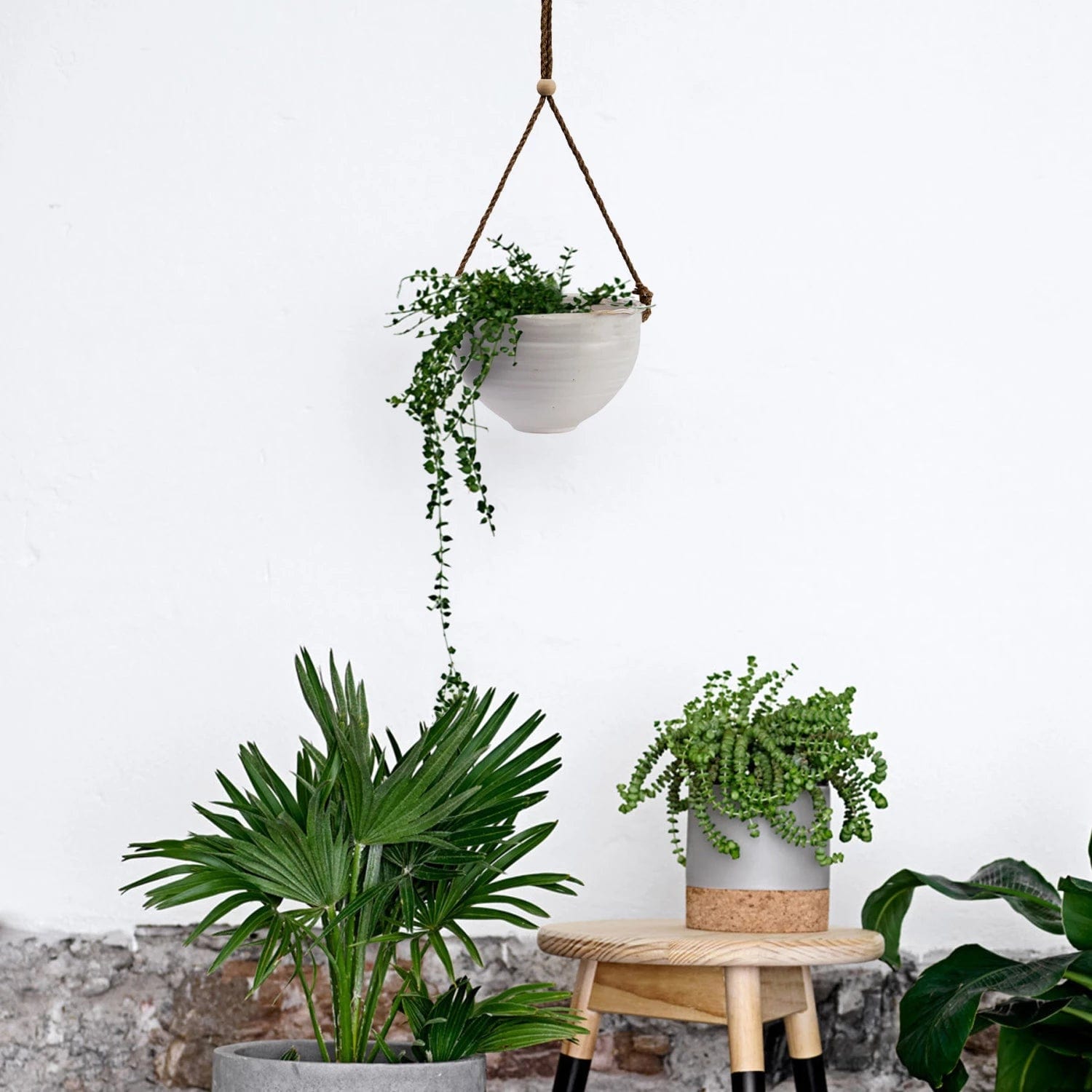 stoneware hanging planter Bloomingville Hanging Stoneware Planter with Wood Beaded Rope, Natural