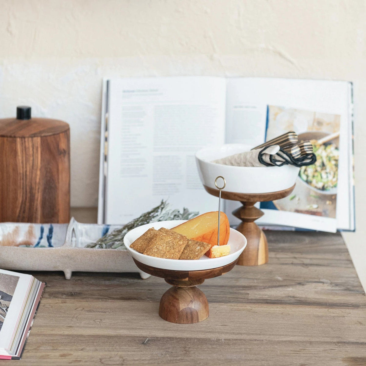 Bloomingville Bloomingville Stoneware Serving Dish on Acacia Wood Pedestal - Little Miss Muffin Children & Home