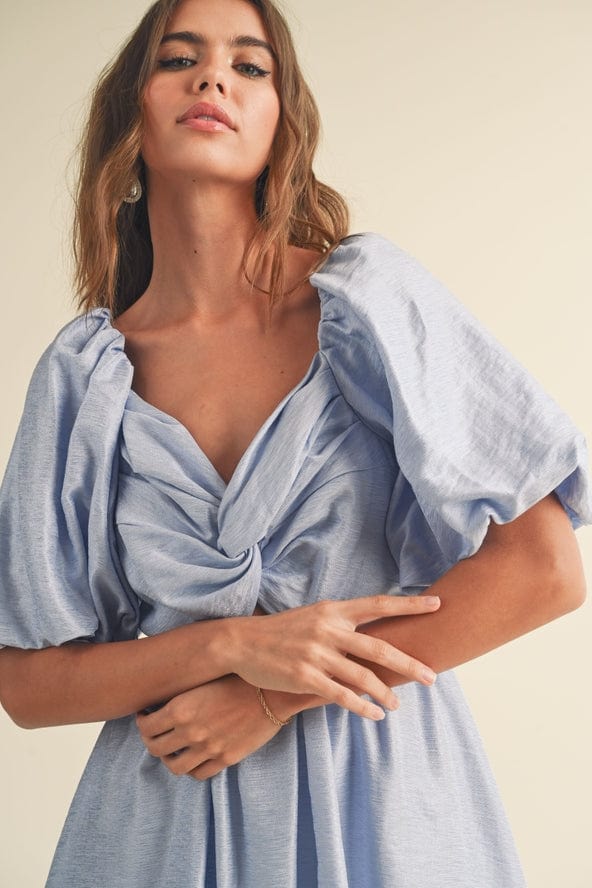 Miou Muse Miou Muse Puff Ballon Sleeve Knot Front Detail Dress in Blue - Little Miss Muffin Children & Home