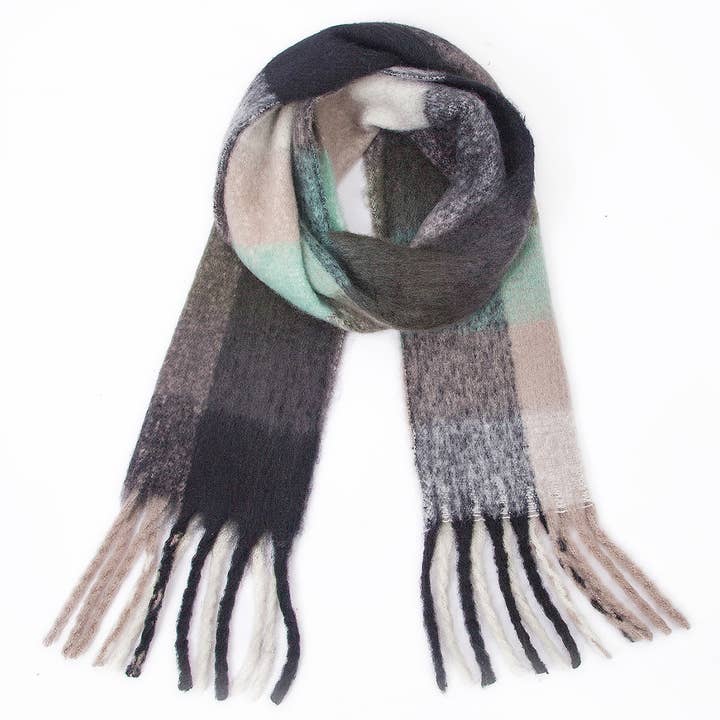 Grey Chunky Plaid Mohair-Look Scarf with Fringe