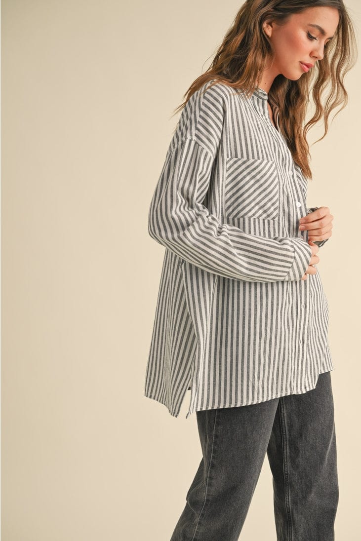 Miou Muse Striped Button Down Boyfriend Shirt in Black - Little Miss Muffin Children & Home
