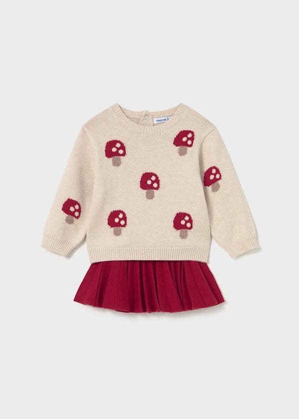 Pleated red Skirt & red mushroom Sweater Set