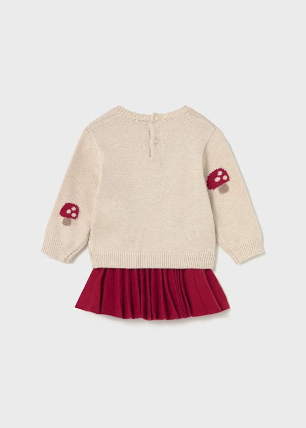 Pleated red Skirt & red mushroom Sweater Set